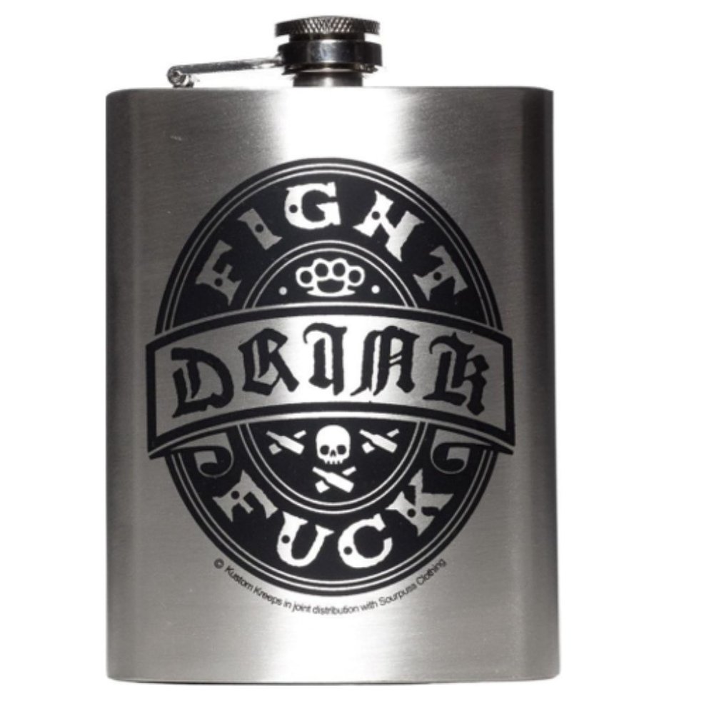 Drink Fight F -  Brass Knuckles Skull - Stainless Steel Flask Punk Rock Biker
